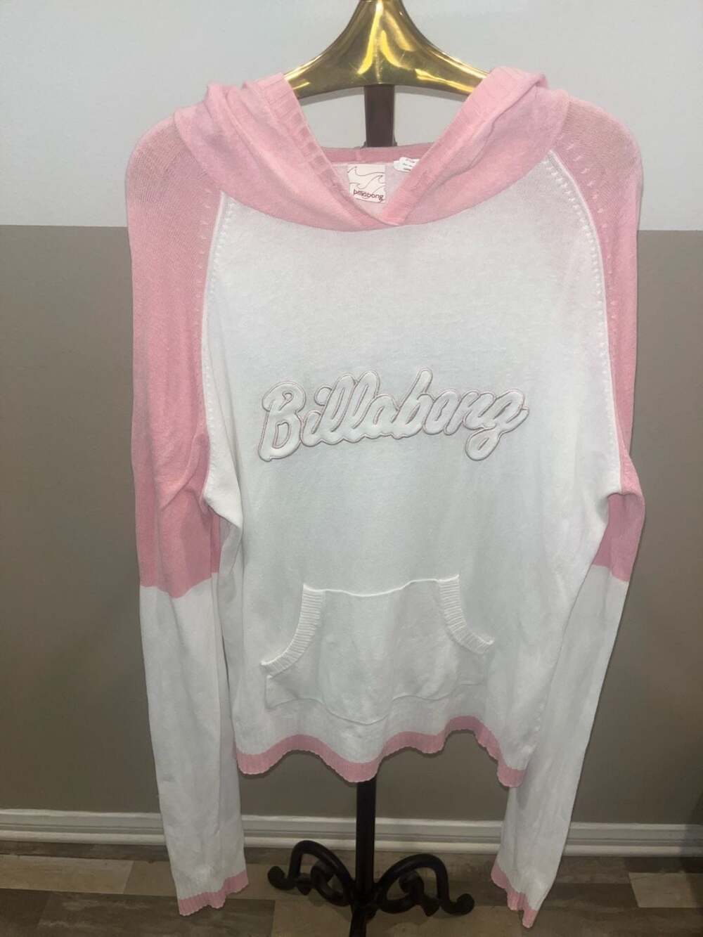 Billabong Pink and White Knit Hoodie Sweater